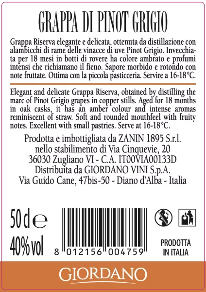 Grappa di Pinot Giordano Wines Riserva | Vini | Grigio